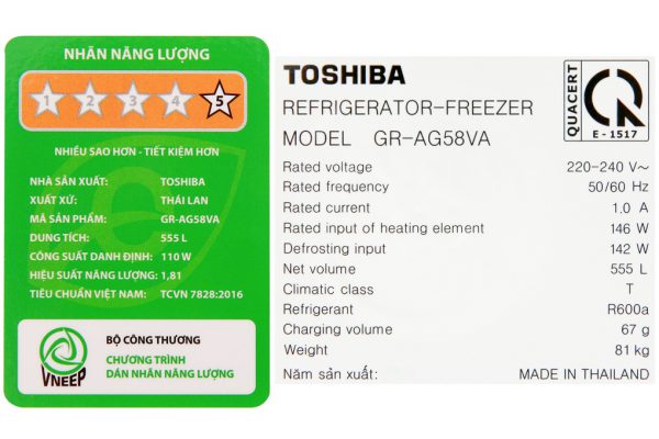 Tu Lanh Toshiba Inverter 555 Lit Gr Ag58va X