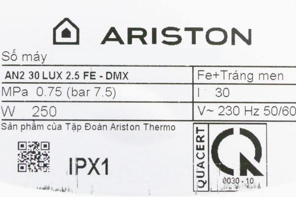 Binh Nong Lanh Ariston 30 Lit An2 30 Lux 2.5 FE