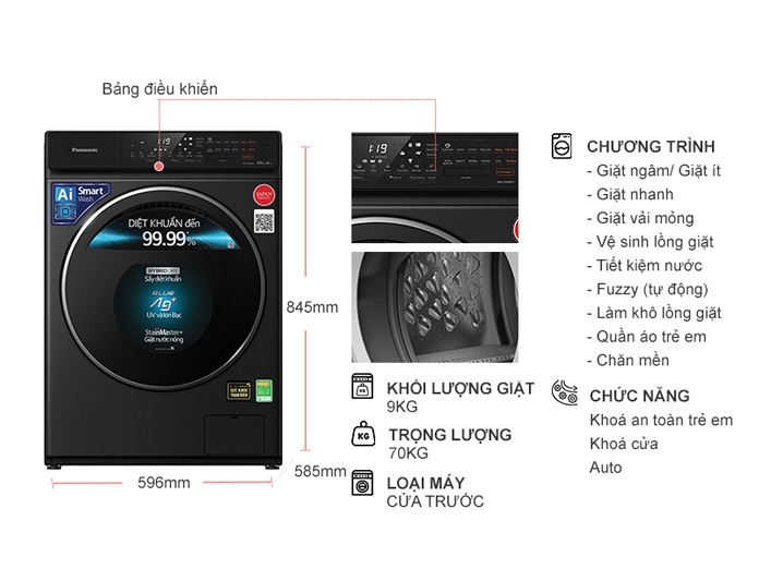 Máy giặt sấy Panasonic Inverter 9 kg NA-S96FR1BVT