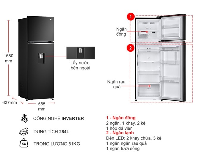 Tủ lạnh LG Inverter 264 lít GV-D262BL